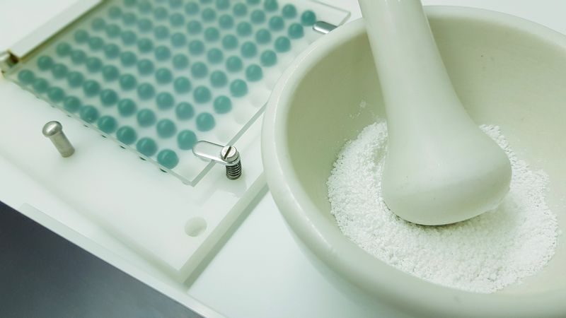 A pharmacist uses a mortar and pestle to compound medication Compounding